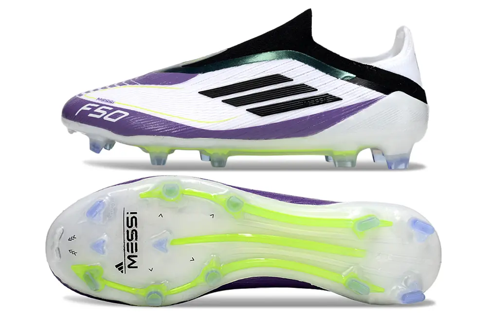 Messi x Adidas F50 Elite Laceless FG - White/Vibrant Purple/Electric Green