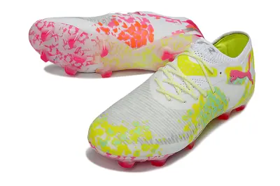 Puma Future 8 Ultimate FG Firm Ground Soccer Cleats - White/Neon Pink/Volt Yellow