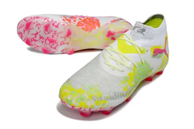 Puma Future 8 Ultimate FG Firm Ground Soccer Cleats - White/Neon Yellow/Pink