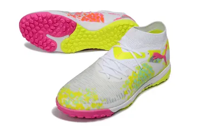 Puma Future 8 Ultimate TF Astro Turf Soccer Shoes - White/Neon Pink/Acid Yellow