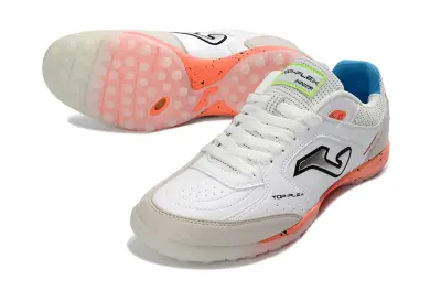 Joma Top Flex TF Astro Turf Soccer Shoes - White/Coral Orange/Blue Sky