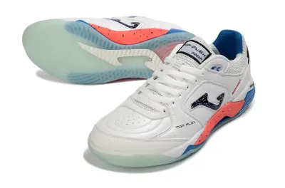 Joma Top Flex IC Futsal Indoor Soccer Shoes - White/Coral/Blue