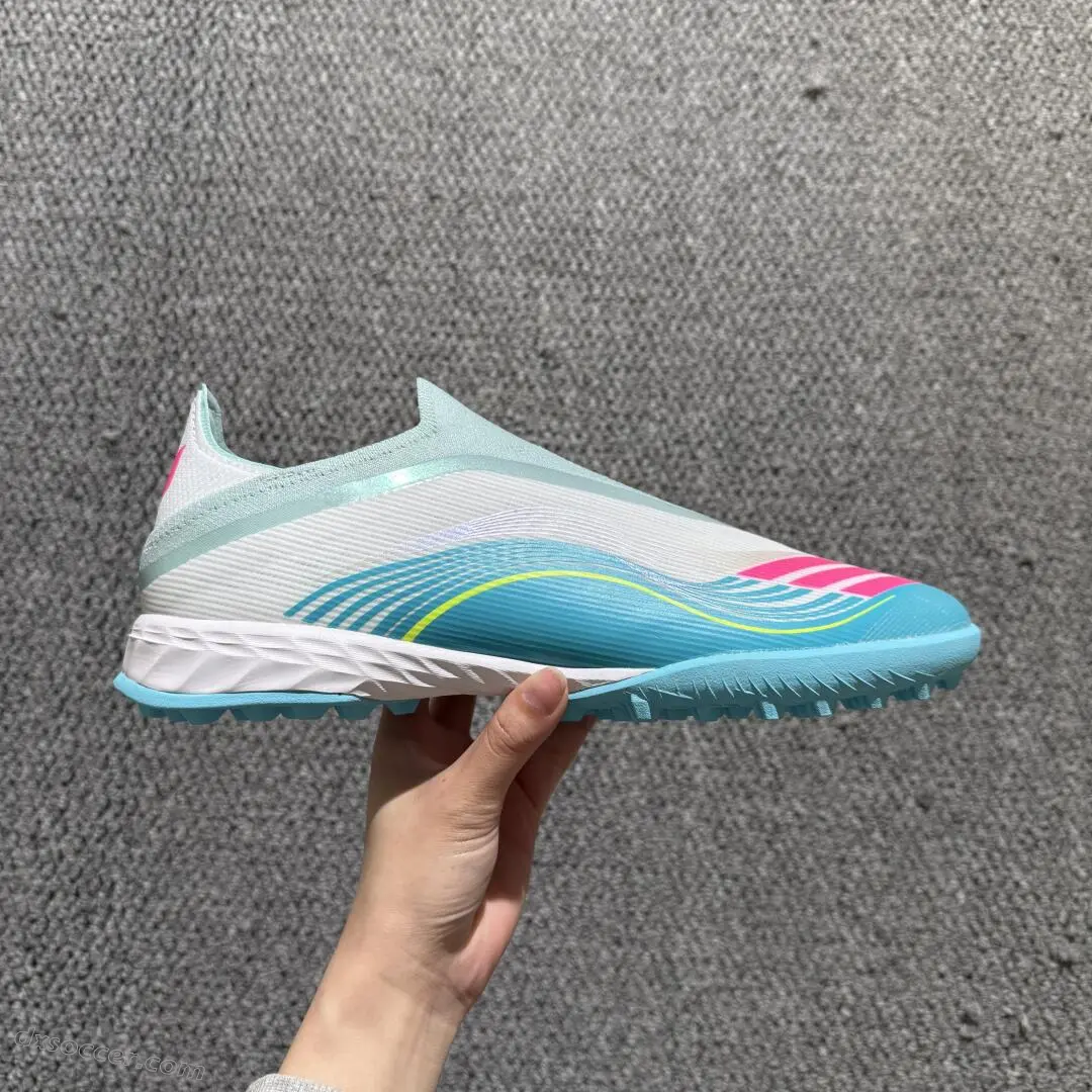 Messi x Adidas F50 Pro Laceless TF Astro Turf Soccer Shoes - Aqua/Coral Pink/Soft Yellow