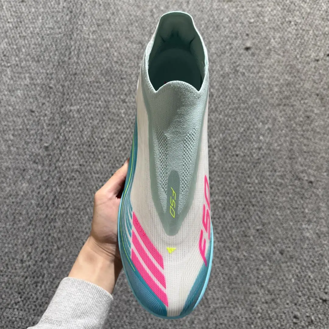 Messi x Adidas F50 Pro Laceless TF Astro Turf Soccer Shoes - Aqua/Coral Pink/Soft Yellow