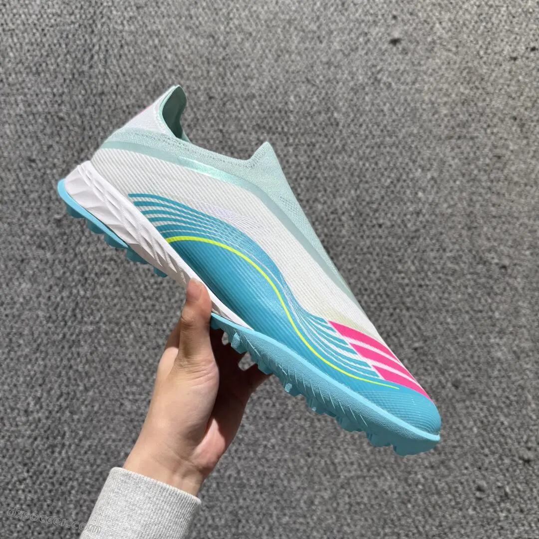 Messi x Adidas F50 Pro Laceless TF Astro Turf Soccer Shoes - Aqua/Coral Pink/Soft Yellow