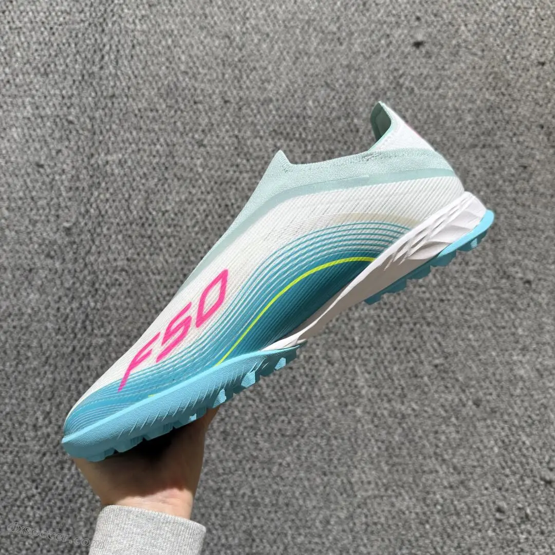 Messi x Adidas F50 Pro Laceless TF Astro Turf Soccer Shoes - Aqua/Coral Pink/Soft Yellow