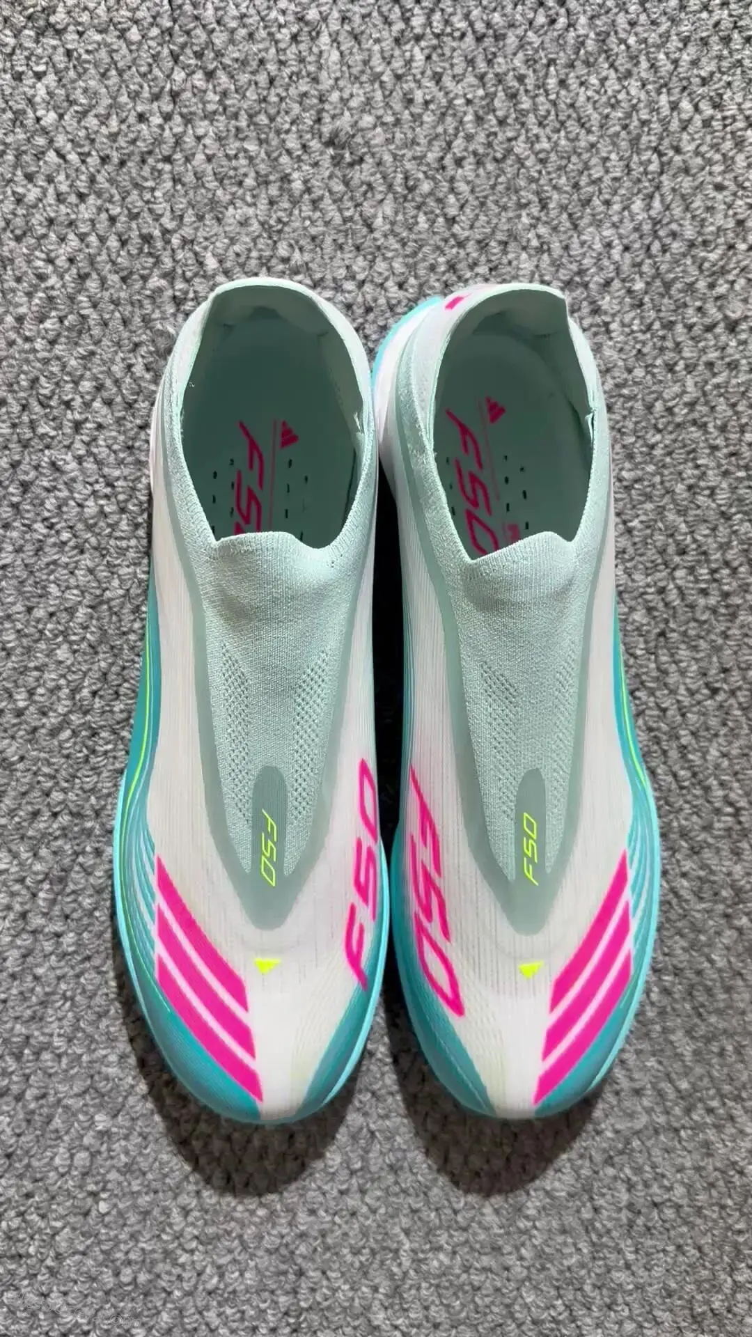 Messi x Adidas F50 Pro Laceless TF Astro Turf Soccer Shoes - Aqua/Coral Pink/Soft Yellow