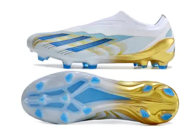 Messi x Adidas X Crazyfast Elite Laceless FG - White/Sky Blue/Sleek Gold