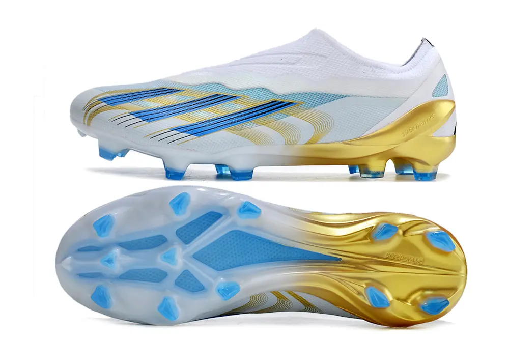 Messi x Adidas X Crazyfast Elite Laceless FG - White/Sky Blue/Sleek Gold