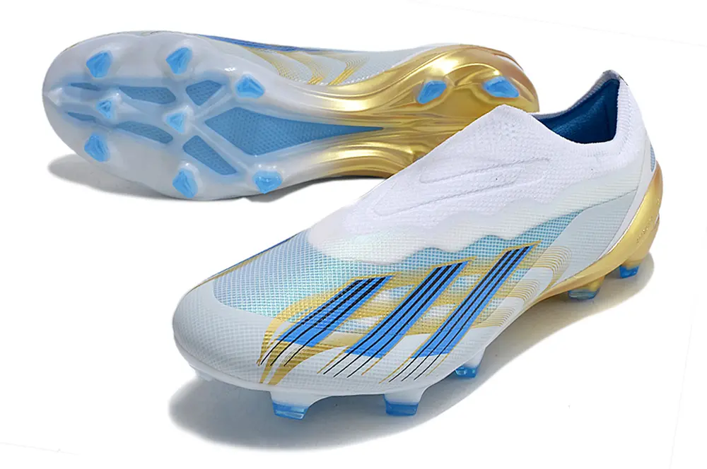 Messi x Adidas X Crazyfast Elite Laceless FG - White/Sky Blue/Sleek Gold