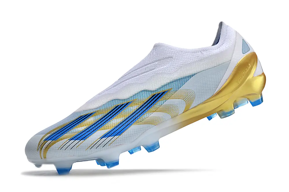 Messi x Adidas X Crazyfast Elite Laceless FG - White/Sky Blue/Sleek Gold