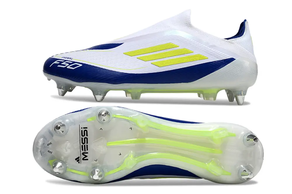 Messi x Adidas F50 Elite Laceless SG - White/Navy Blue/Vibrant Yellow