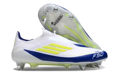 Messi x Adidas F50 Elite Laceless SG - White/Navy Blue/Vibrant Yellow