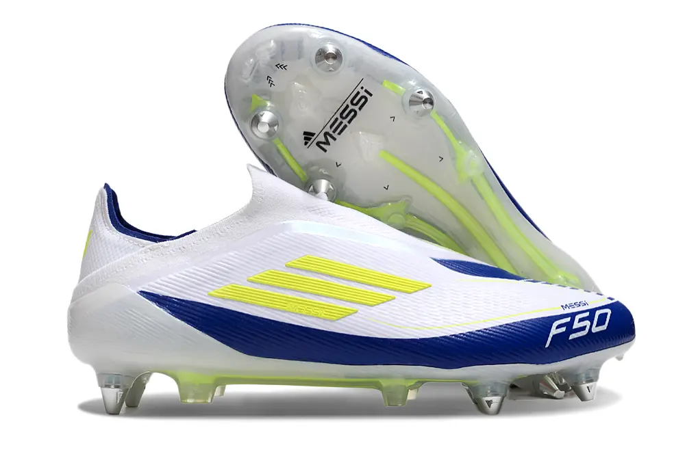 Messi x Adidas F50 Elite Laceless SG - White/Navy Blue/Vibrant Yellow
