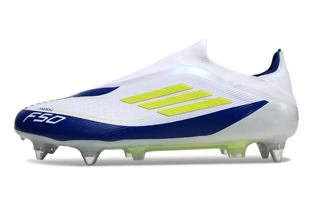 Messi x Adidas F50 Elite Laceless SG - White/Navy Blue/Vibrant Yellow