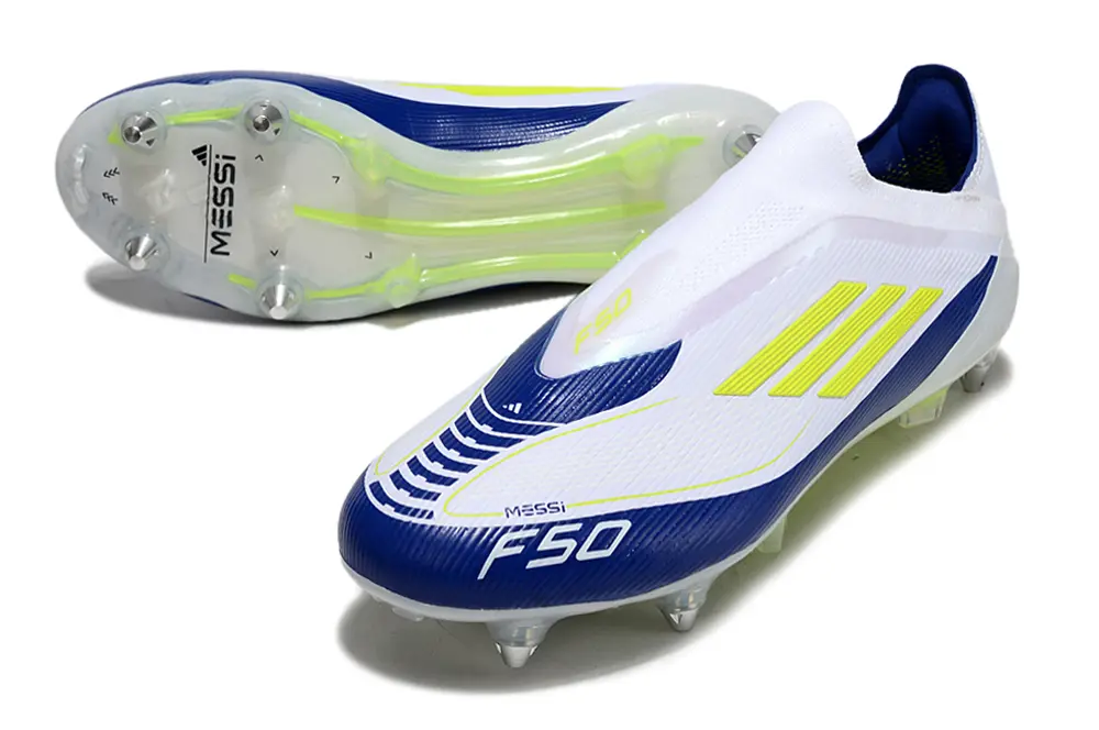 Messi x Adidas F50 Elite Laceless SG - White/Navy Blue/Vibrant Yellow