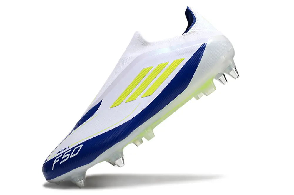 Messi x Adidas F50 Elite Laceless SG - White/Navy Blue/Vibrant Yellow