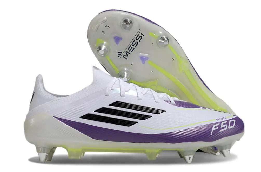 Messi x Adidas F50 Elite SG - White/Vibrant Purple/Neon Yellow