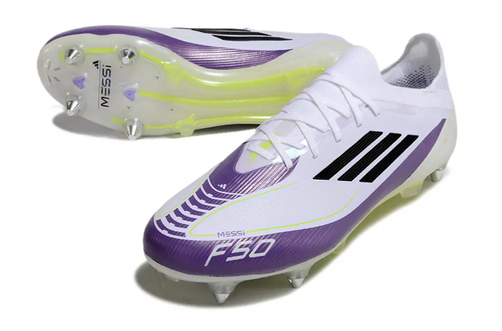 Messi x Adidas F50 Elite SG - White/Vibrant Purple/Neon Yellow