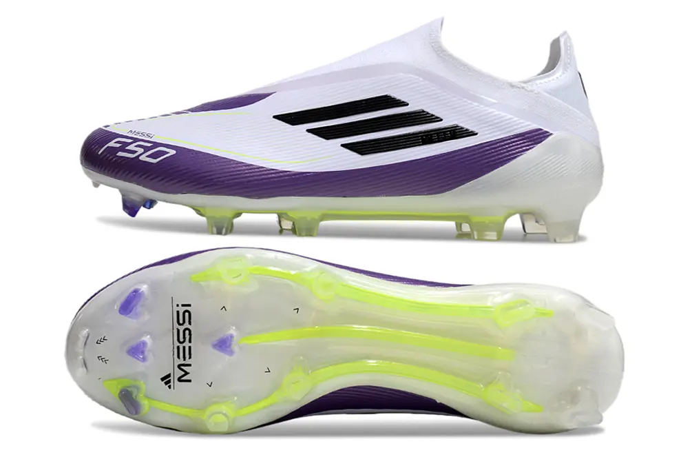 Messi x Adidas F50 Elite Laceless FG - White/Vibrant Purple/Luminous Yellow