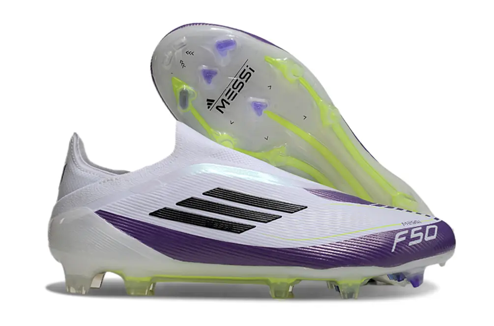 Messi x Adidas F50 Elite Laceless FG - White/Vibrant Purple/Luminous Yellow