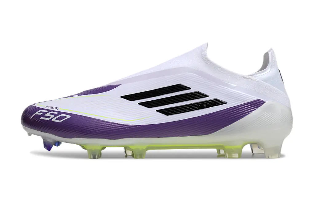 Messi x Adidas F50 Elite Laceless FG - White/Vibrant Purple/Luminous Yellow