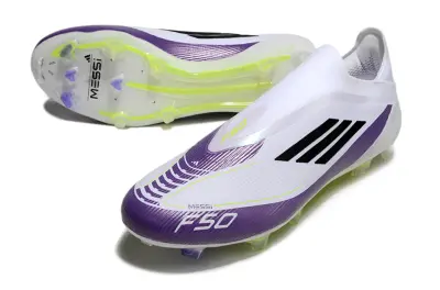 Messi x Adidas F50 Elite Laceless FG - White/Vibrant Purple/Luminous Yellow