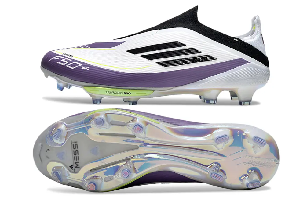Messi x Adidas F50+ Elite Laceless Lightstrike Pro FG - White/Vibrant Purple/Neon Yellow
