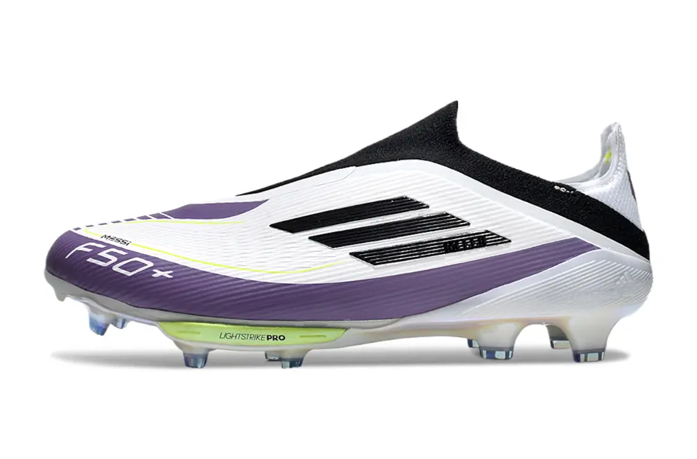 Messi x Adidas F50+ Elite Laceless Lightstrike Pro FG - White/Vibrant Purple/Neon Yellow
