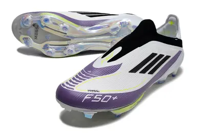 Messi x Adidas F50+ Elite Laceless Lightstrike Pro FG - White/Vibrant Purple/Neon Yellow