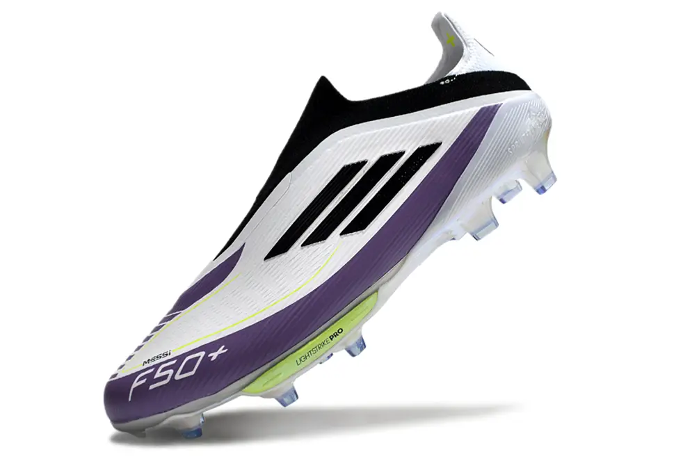 Messi x Adidas F50+ Elite Laceless Lightstrike Pro FG - White/Vibrant Purple/Neon Yellow