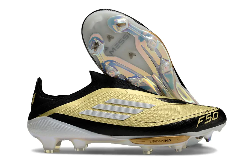 Messi x Adidas F50+ Elite Laceless Lightstrike Pro FG - Black/Metallic Gold/White