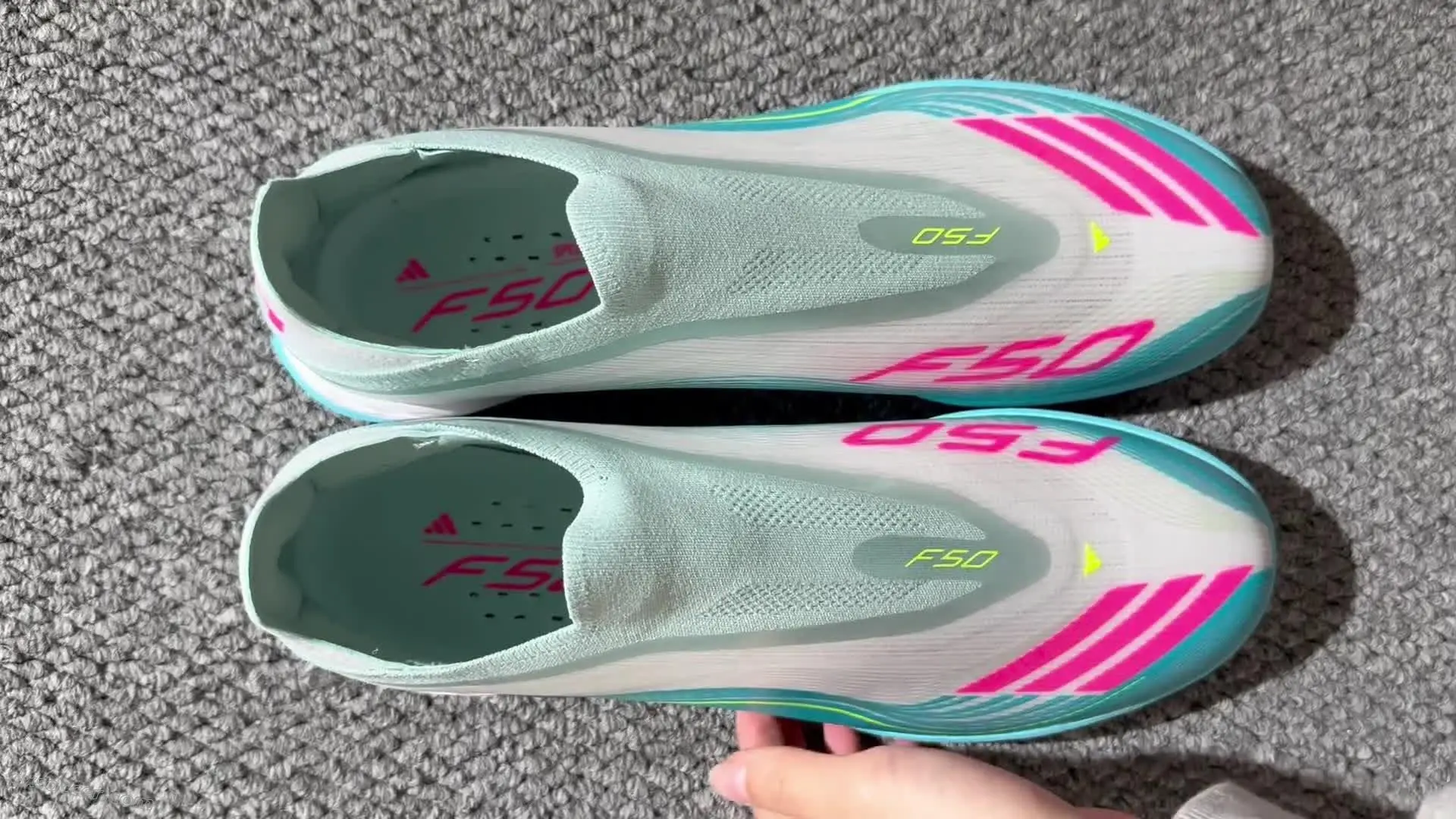 Messi x Adidas F50 Pro Laceless TF Astro Turf Soccer Shoes - Aqua/Coral Pink/Soft Yellow
